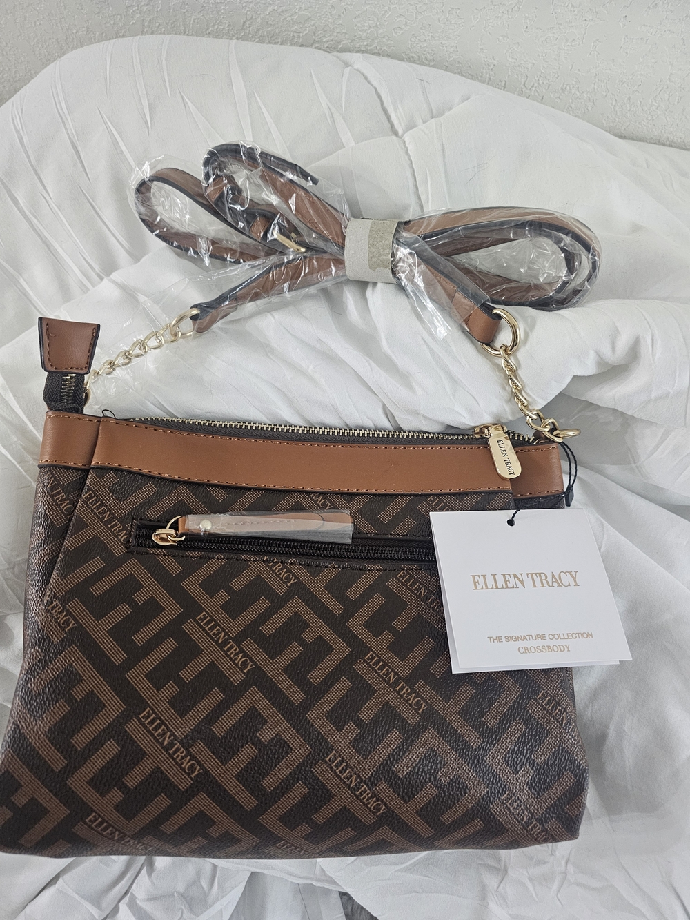 Ellen Tracy Brown and Tan Logo Crossbody Bag